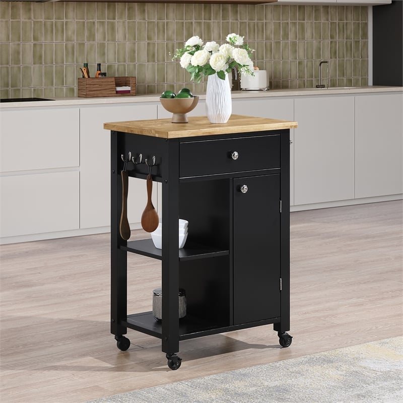 Derry Kitchen Cart Engineered Wood Natural Butcher Block Top With Black Finish