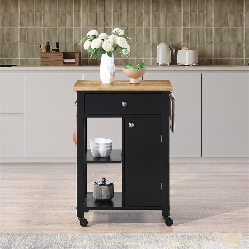 Derry Kitchen Cart Engineered Wood Natural Butcher Block Top With Black Finish