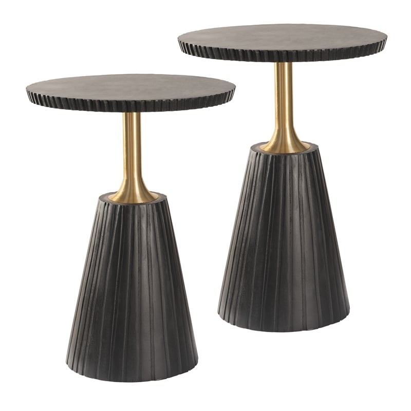 Round Side Table in Black Wood Top with Metal Base - 2 Pack
