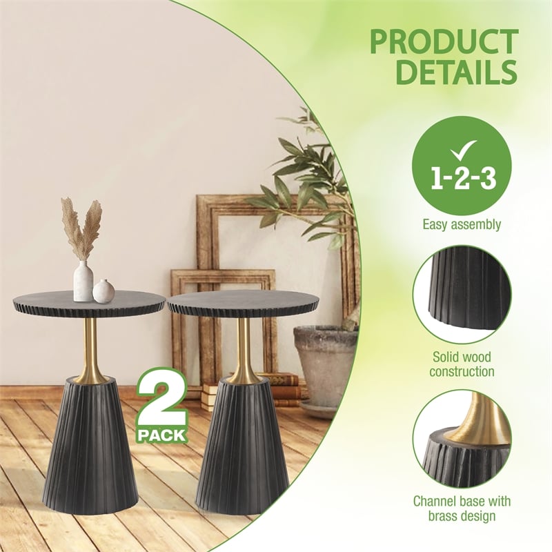 Round Side Table in Black Wood Top with Metal Base - 2 Pack