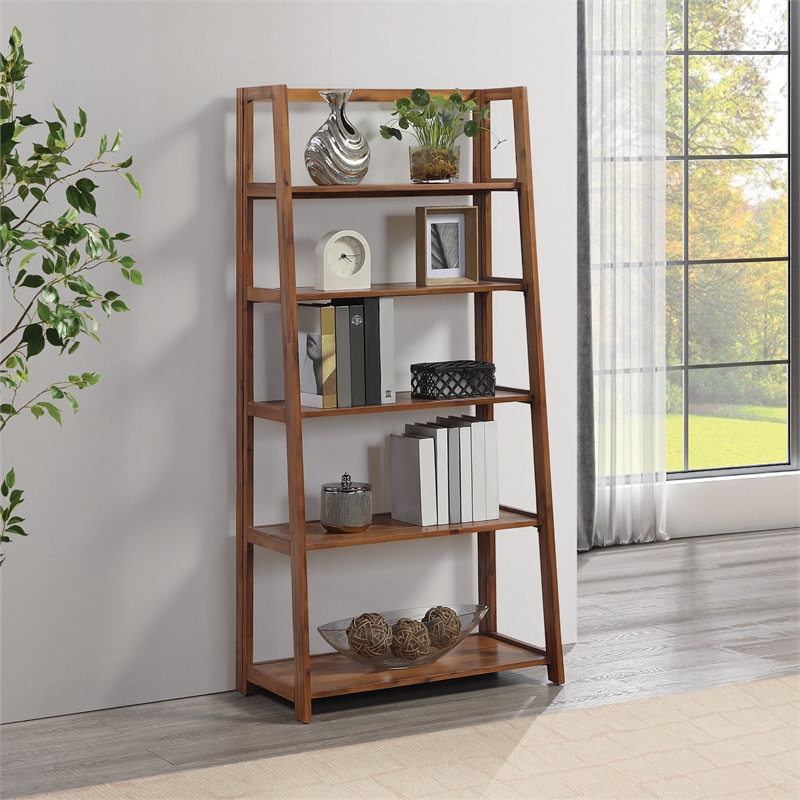 Bayfront 5-Self Folding Bookcase in Brown Bayfront Acacia Wood Finish
