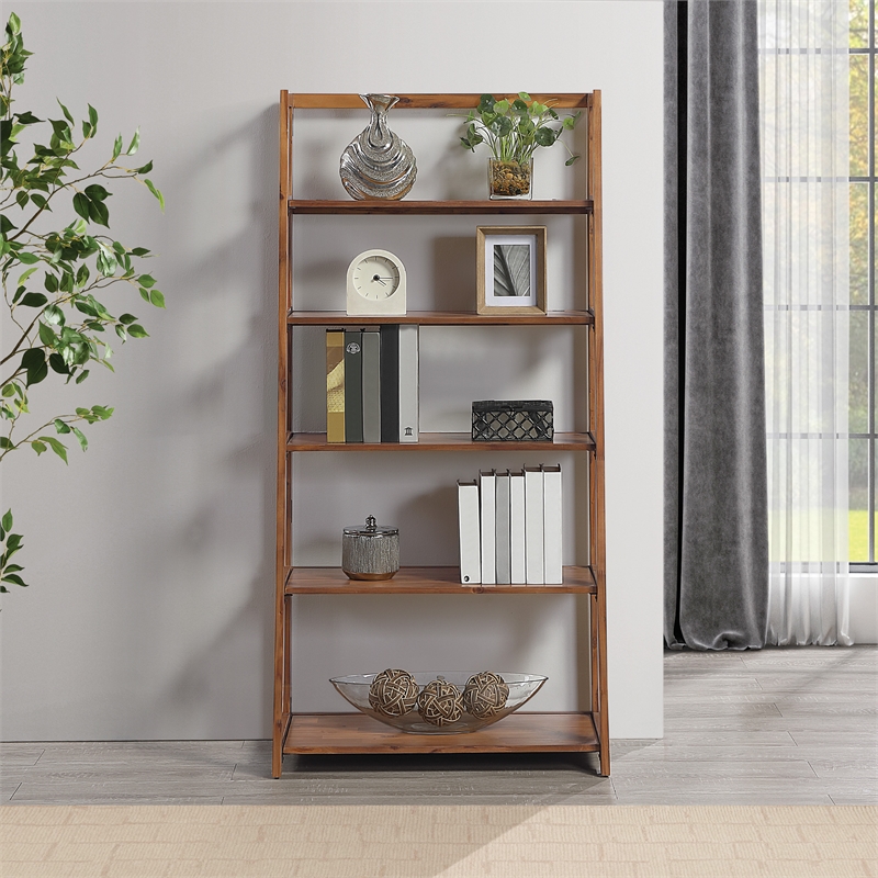Bayfront 5-Self Folding Bookcase in Brown Bayfront Acacia Wood Finish