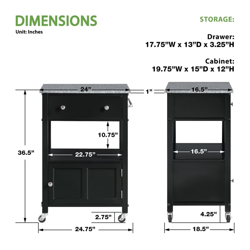 Fairfax Kitchen Cart Engineered Wood with Granite Top and Black Base