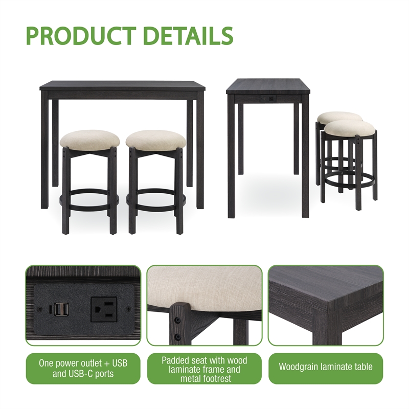 Melissa Counter Height Table Dining Set with Power 2 Stools Cream Fabric Seats