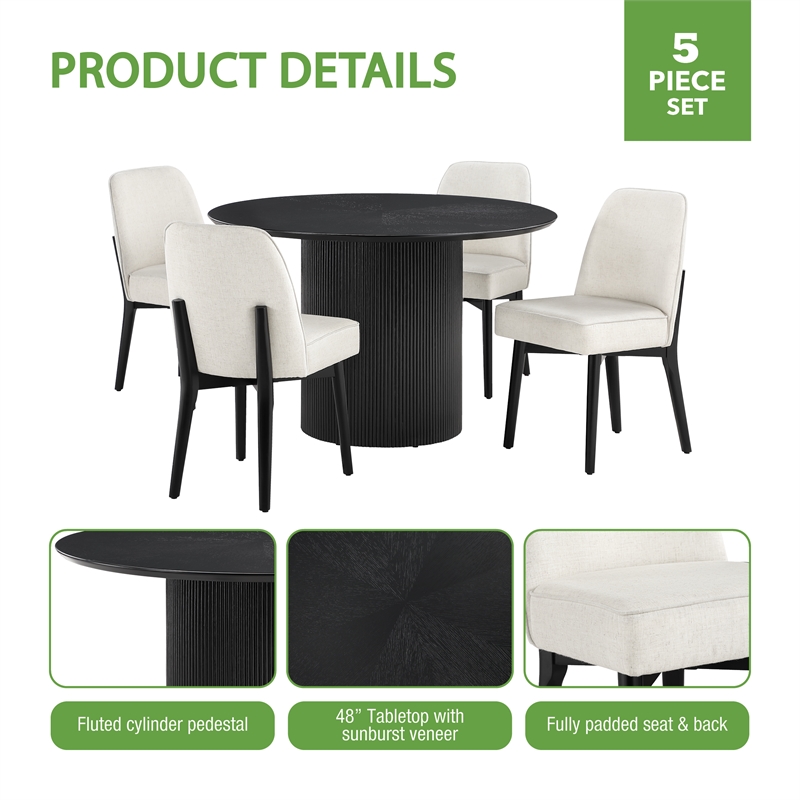 Jada 5-piece Round Pedestal Dining Table and 4 Chairs in Black Finish
