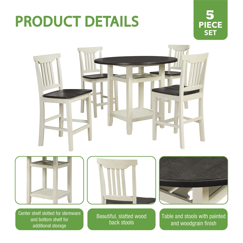 5pc Set Table Chairs Engineered Wood in Distressed White Wash