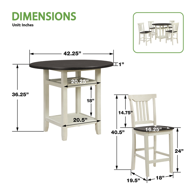 5pc Set Table Chairs Engineered Wood in Distressed White Wash