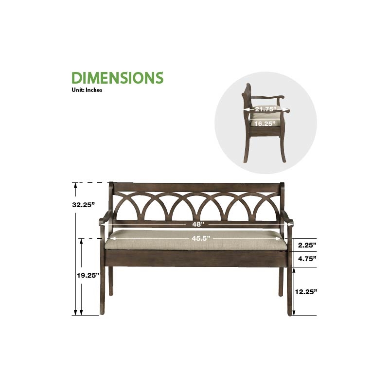 Coventry Storage Bench Wood in Dark Walnut Finish Frame and Beige Seat Cushion