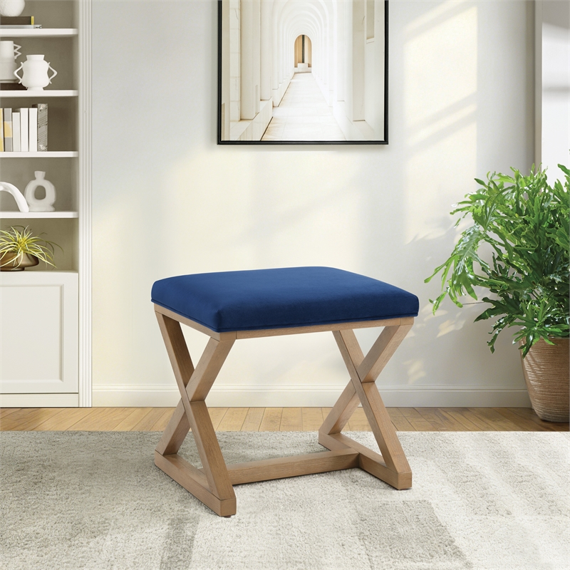 Carson X-Frame Stool in Navy Fabric and Medium Oak Finish Wood