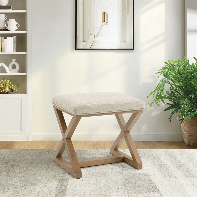 Carson X-Frame Stool in Linen White Fabric and Medium Oak Finish Wood