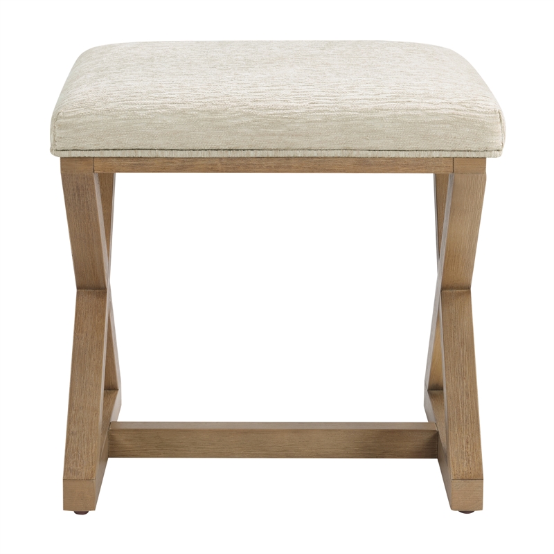 Carson X-Frame Stool in Linen White Fabric and Medium Oak Finish Wood