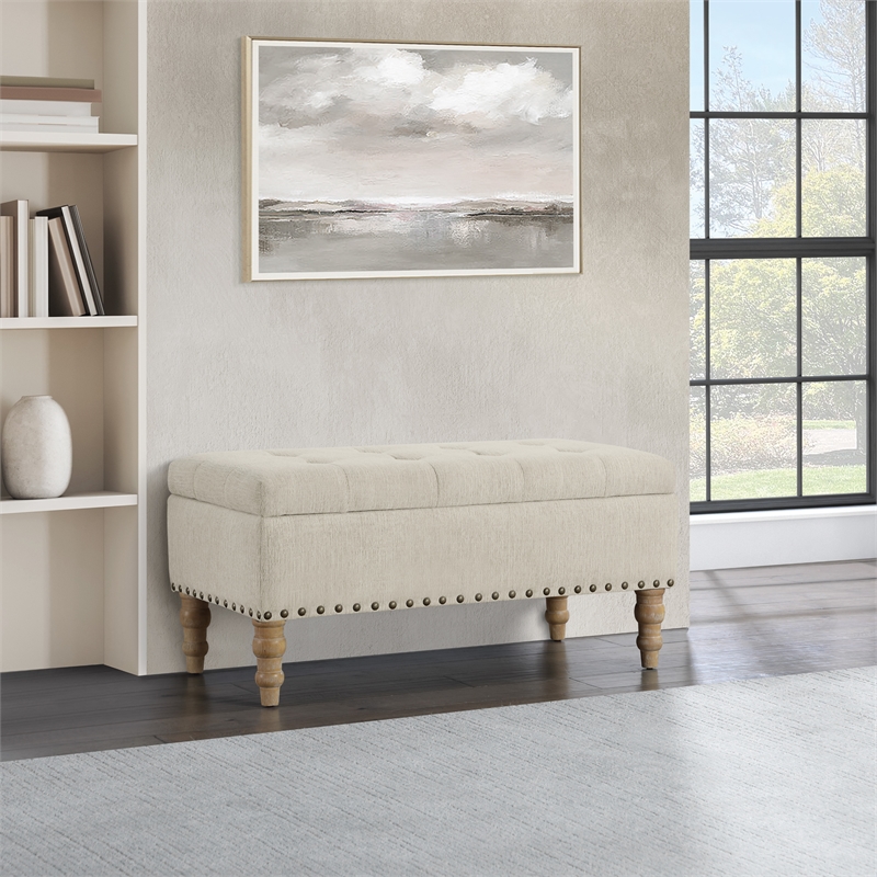Woodbury Storage Bench in Linen White Fabric with Antique Bronze Nail Heads