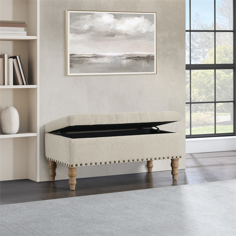 Woodbury Storage Bench in Linen White Fabric with Antique Bronze Nail Heads