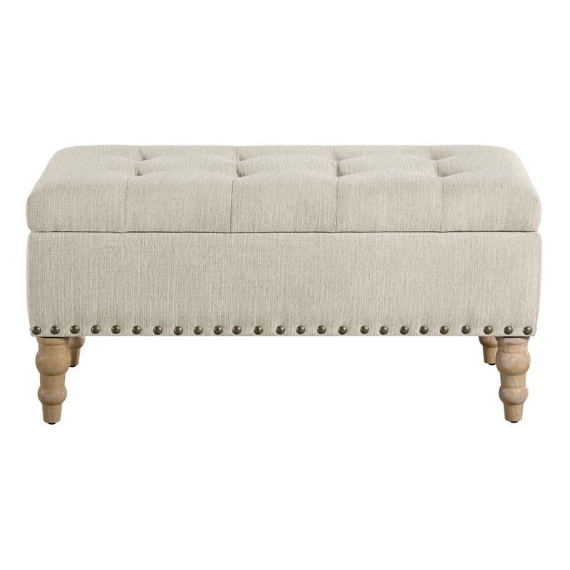 Woodbury Storage Bench in Linen White Fabric with Antique Bronze Nail Heads