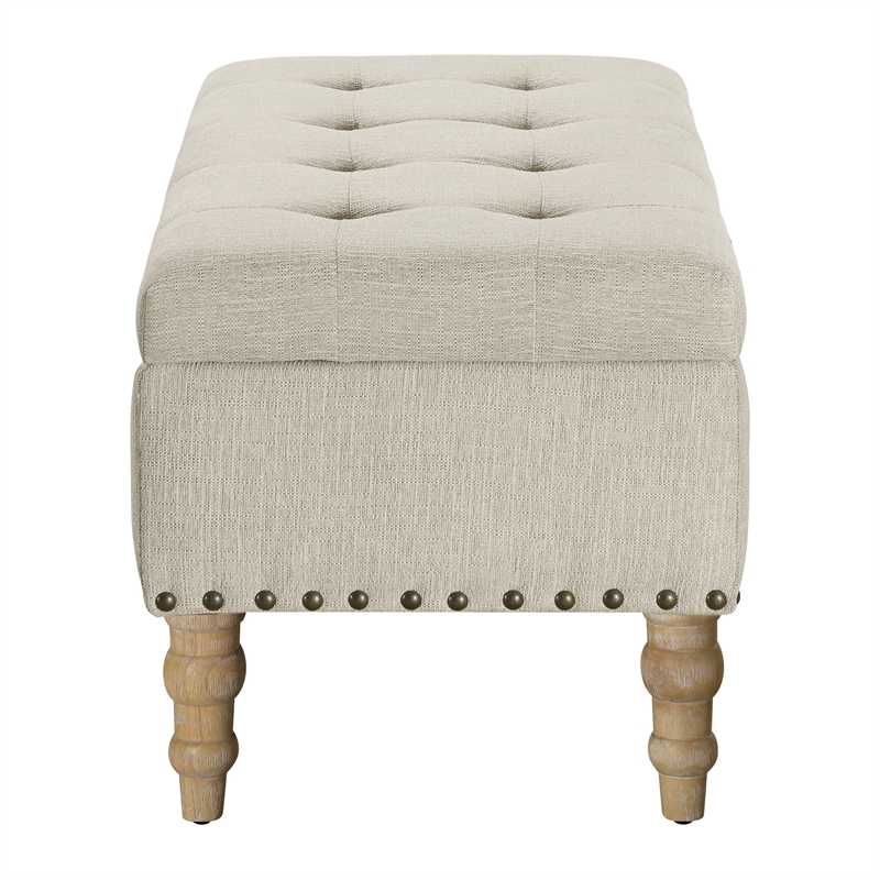 Woodbury Storage Bench in Linen White Fabric with Antique Bronze Nail Heads