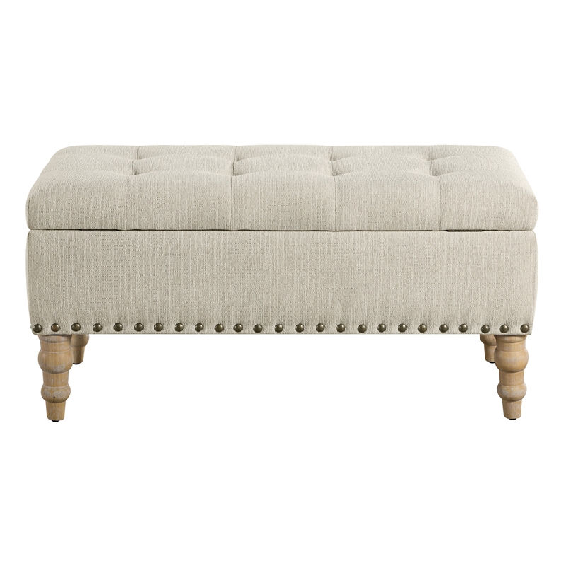 Woodbury Storage Bench in Linen White Fabric with Antique Bronze Nail Heads