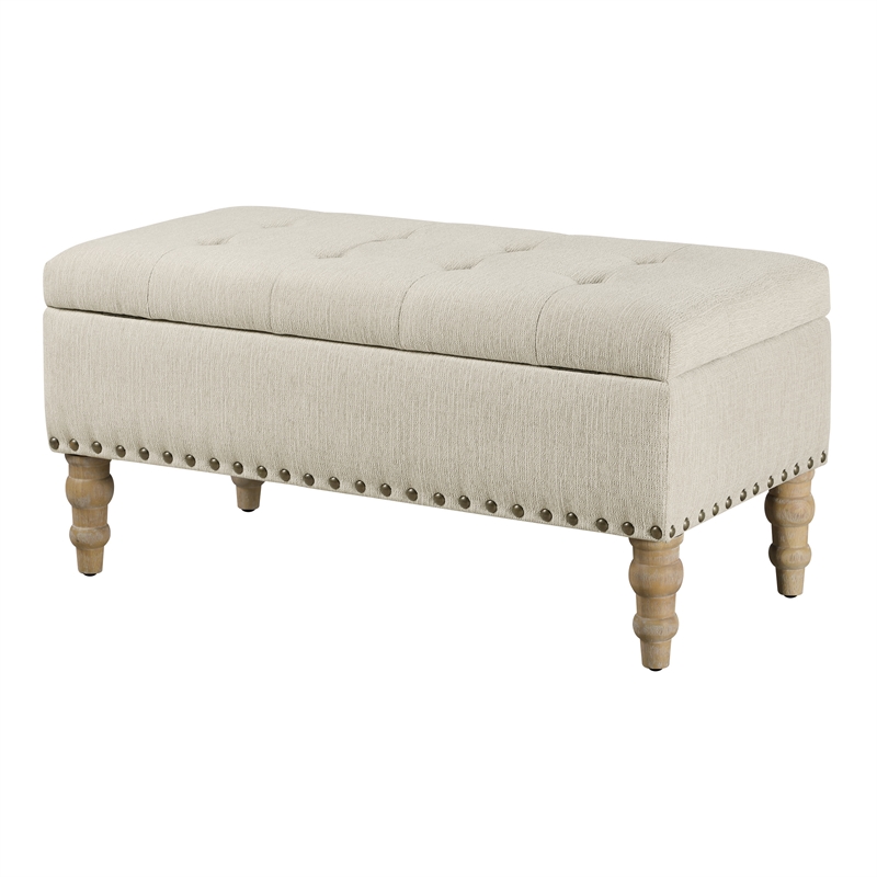 Woodbury Storage Bench in Linen White Fabric with Antique Bronze Nail Heads
