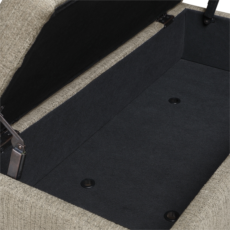 Woodbury Storage Bench in Linen White Fabric with Antique Bronze Nail Heads