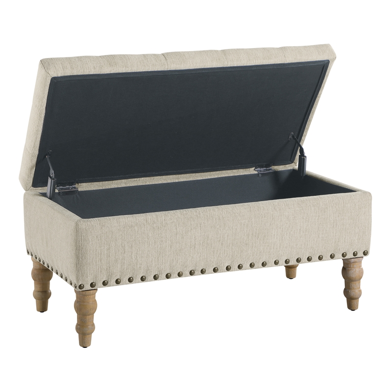 Woodbury Storage Bench in Linen White Fabric with Antique Bronze Nail Heads