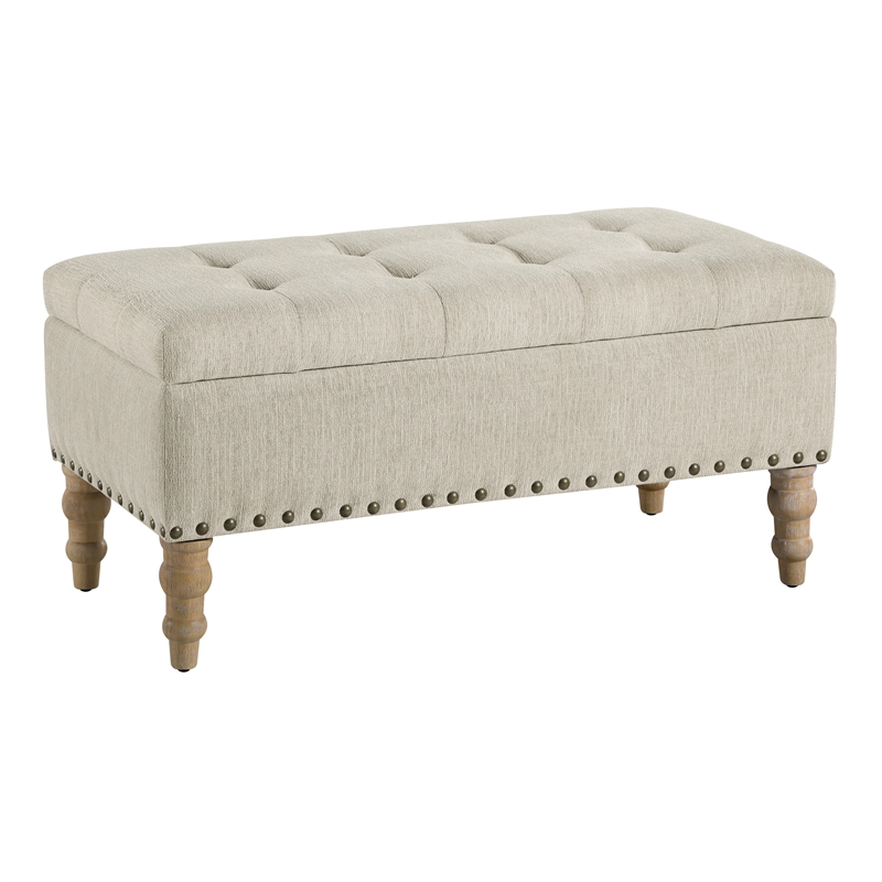 Woodbury Storage Bench in Linen White Fabric with Antique Bronze Nail Heads