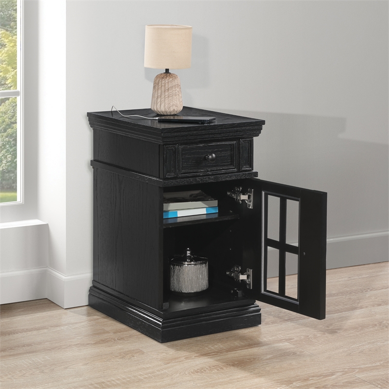 Chair Side Table with 1 Drawer and 1 Glass Door Engineered Wood in Black Finish