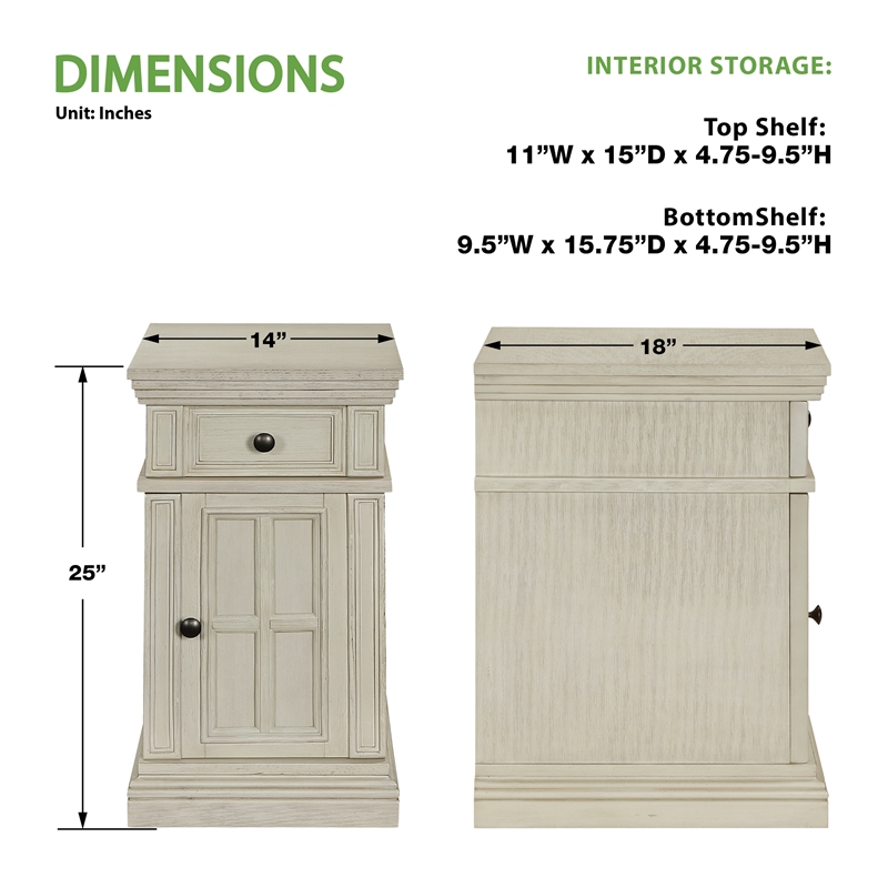 Chair Side Table with 1 Drawer and 1 Glass Door Engineered Wood in White Finish