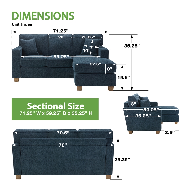 Franklin Sectional in Navy Fabric  and Medium Oak Finished wood Legs
