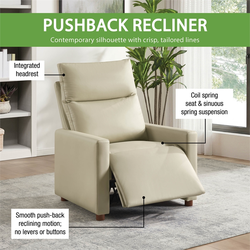 Vincent Pushback Recliner in Faux Leather Taupe Fabric