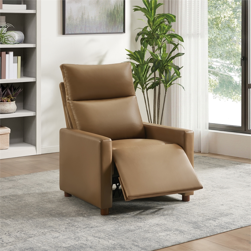 Vincent Pushback Recliner in Faux Leather Saddle Brown Fabric