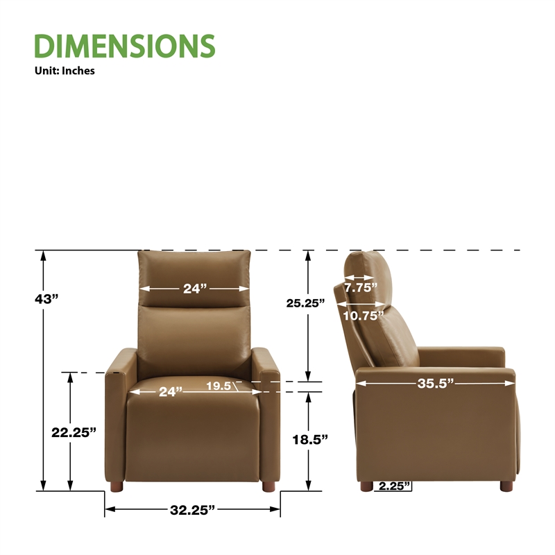 Vincent Pushback Recliner in Faux Leather Saddle Brown Fabric