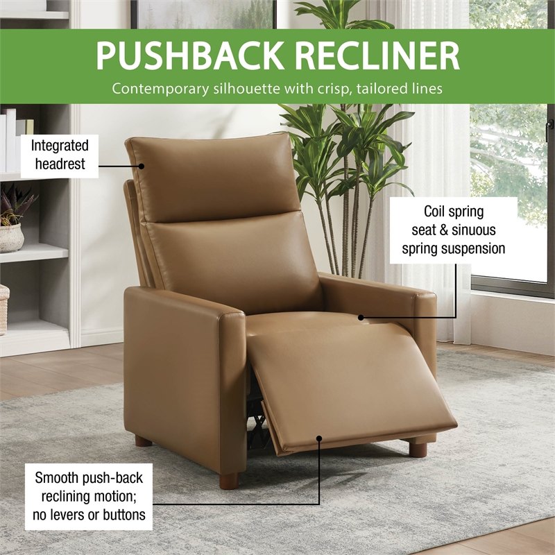 Vincent Pushback Recliner in Faux Leather Saddle Brown Fabric