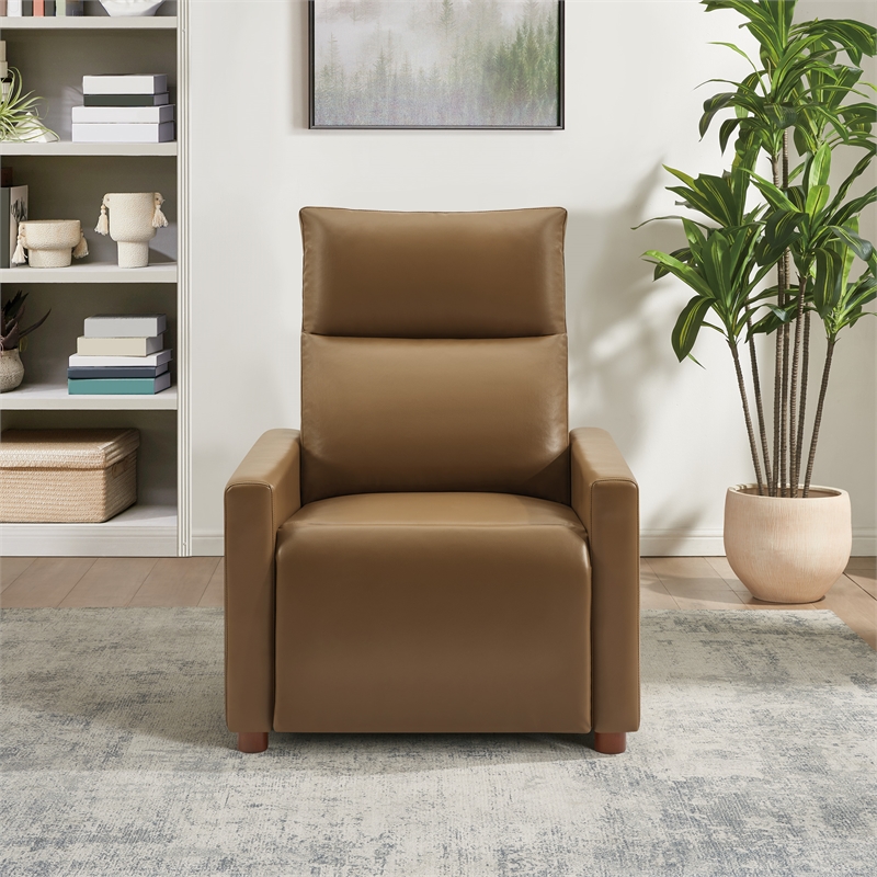 Vincent Pushback Recliner in Faux Leather Saddle Brown Fabric
