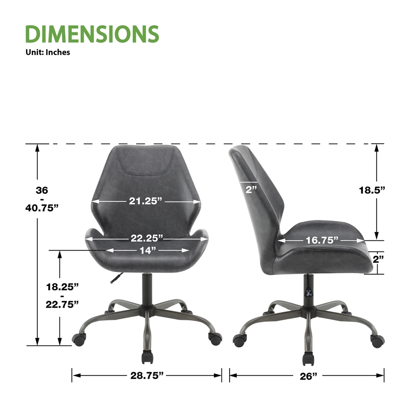 Topanga Office Chair in Black Faux Leather and Titanium Finish Base