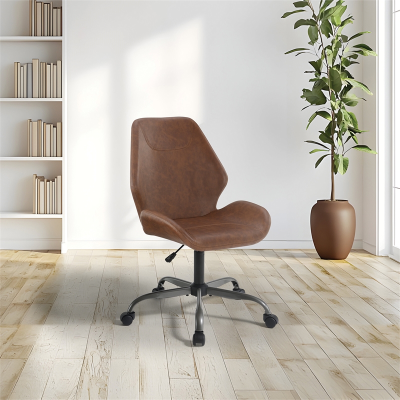 Topanga Office Chair in Saddle Brown Faux Leather and Titanium Finish Base