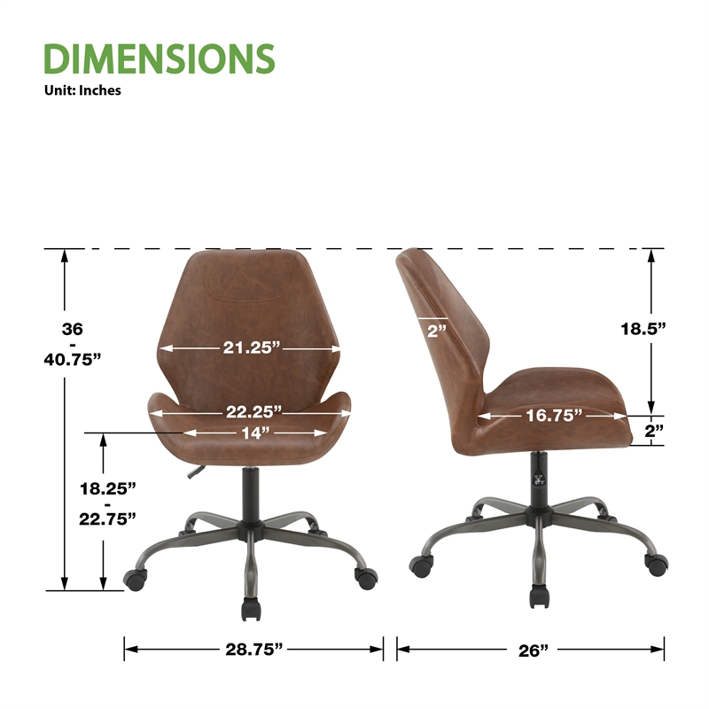 Topanga Office Chair in Saddle Brown Faux Leather and Titanium Finish Base