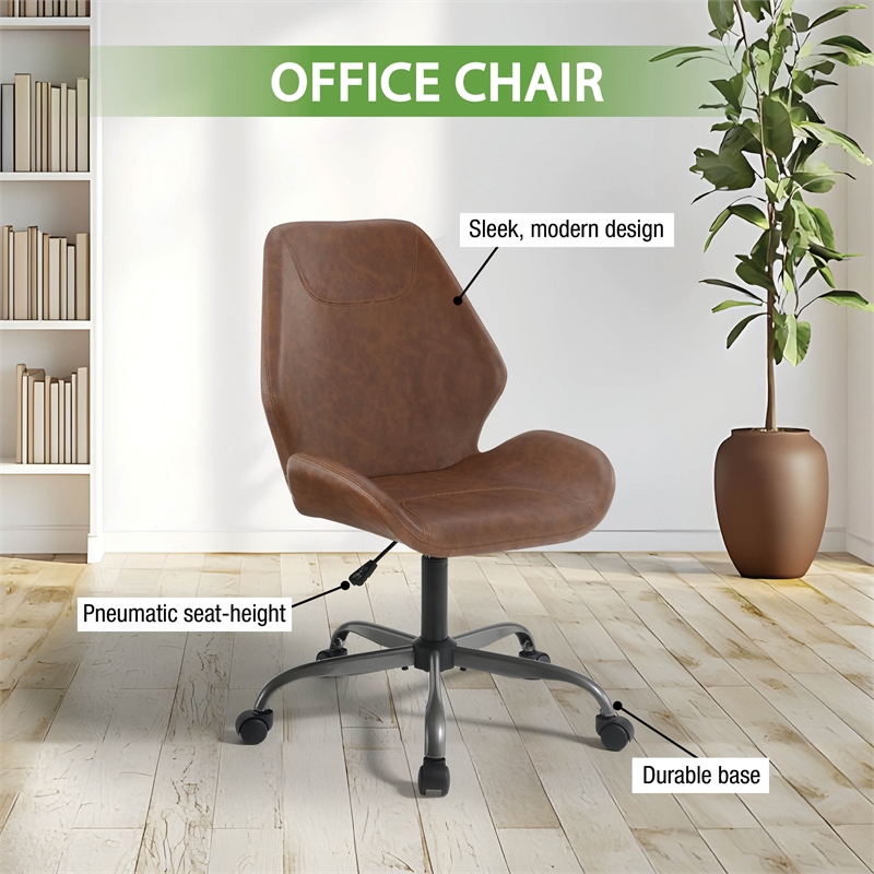 Topanga Office Chair in Saddle Brown Faux Leather and Titanium Finish Base