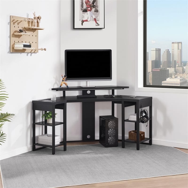 Adaptor Corner Gaming Desk with Engineered Wood Large Monitor Shelf in Black