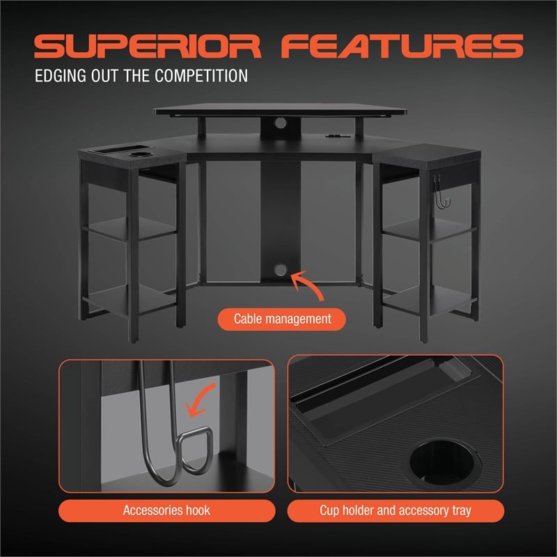 Adaptor Corner Gaming Desk with Engineered Wood Large Monitor Shelf in Black