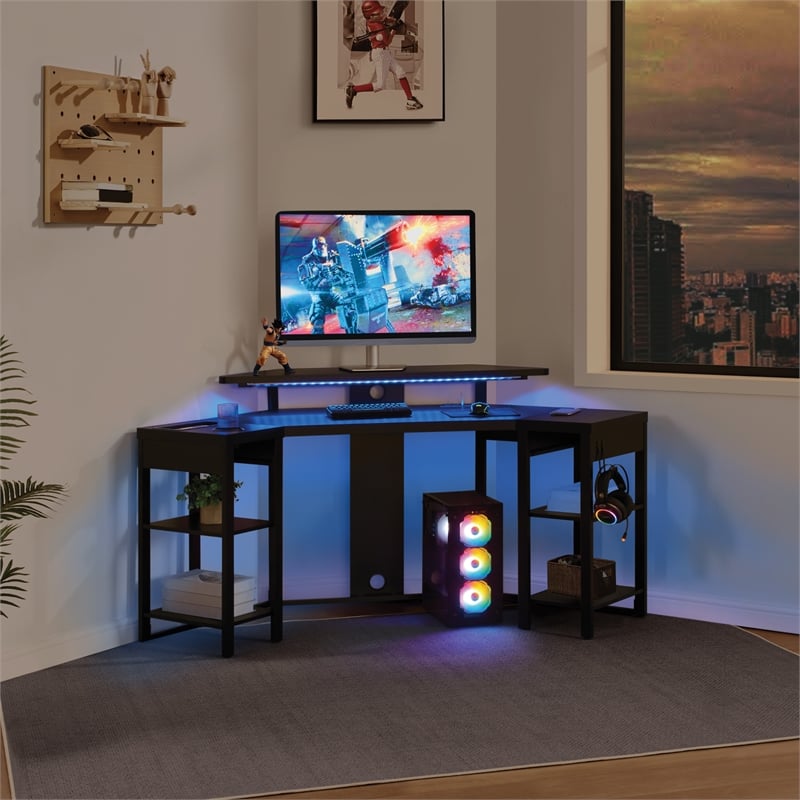 Adaptor Corner Gaming Desk with Engineered Wood Large Monitor Shelf in Black