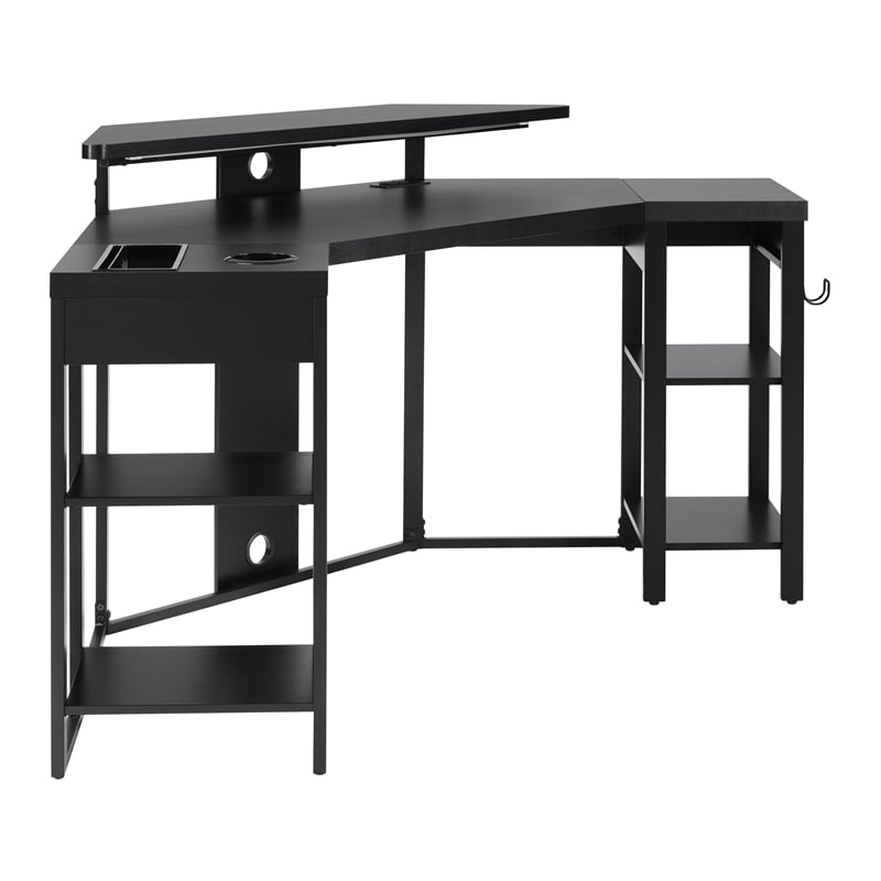 Adaptor Corner Gaming Desk with Engineered Wood Large Monitor Shelf in Black