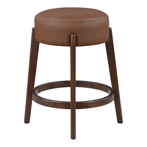 Wesley 26&quot Counter Stool in Saddle Brown Faux Leather  Dark Walnut Finish Frame