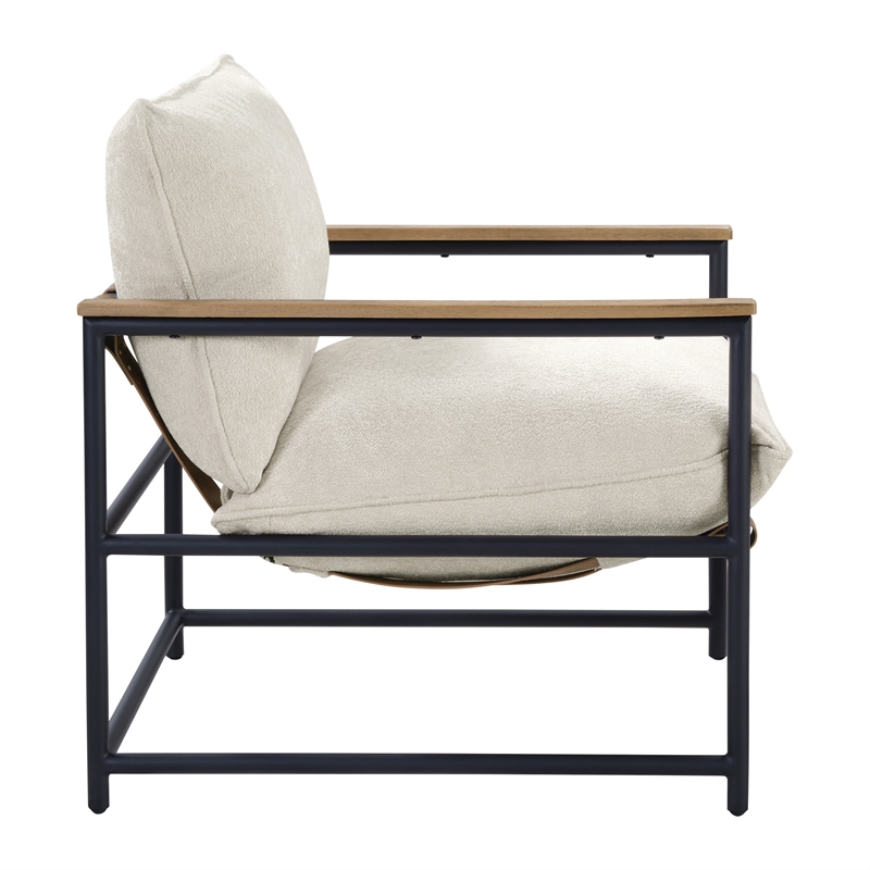 Telly Sling Chair in Chenille Ivory Fabric and Medium oak Finished Wood Arms With Black Steel Frame