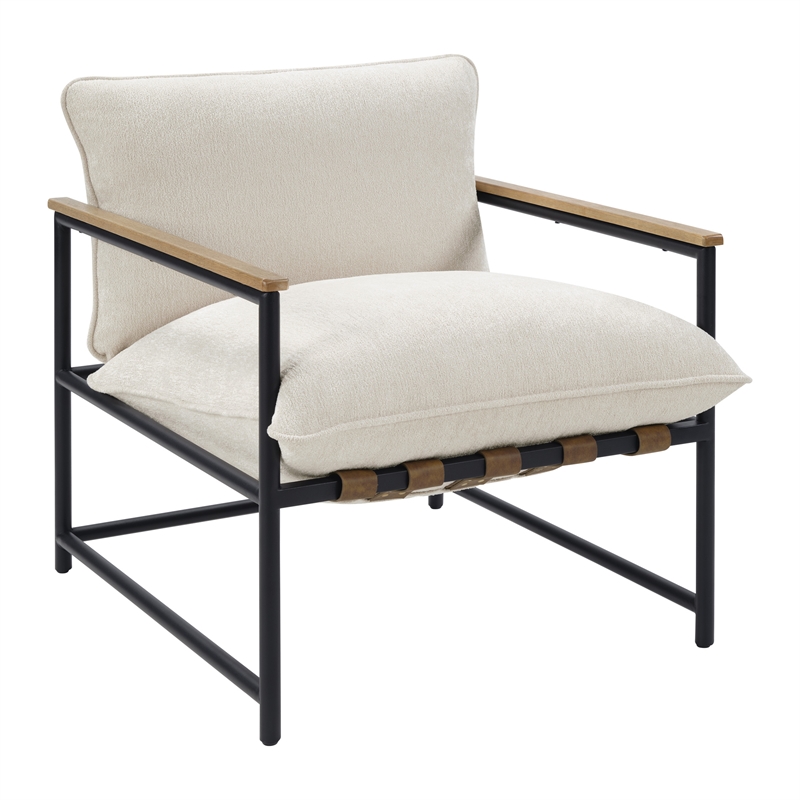 Telly Sling Chair in Chenille Ivory Fabric and Medium oak Finished Wood Arms With Black Steel Frame