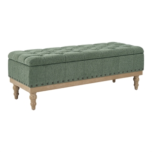 Landis Storage Bench in Green Fabric Antique Bronze Nailhead Trim  and Brushed Natural Light Wood Finished Legs