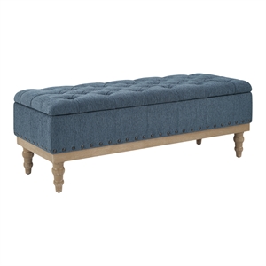 Landis Storage Bench in Blue Fabric Antique Bronze Nailhead Trimand Brushed Natural Light Finished Wood Legs