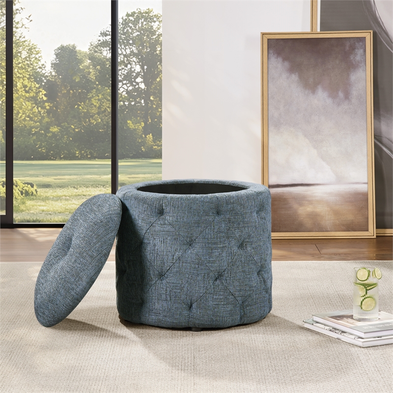 Erindale Round Storage Ottoman in Navy Fabric