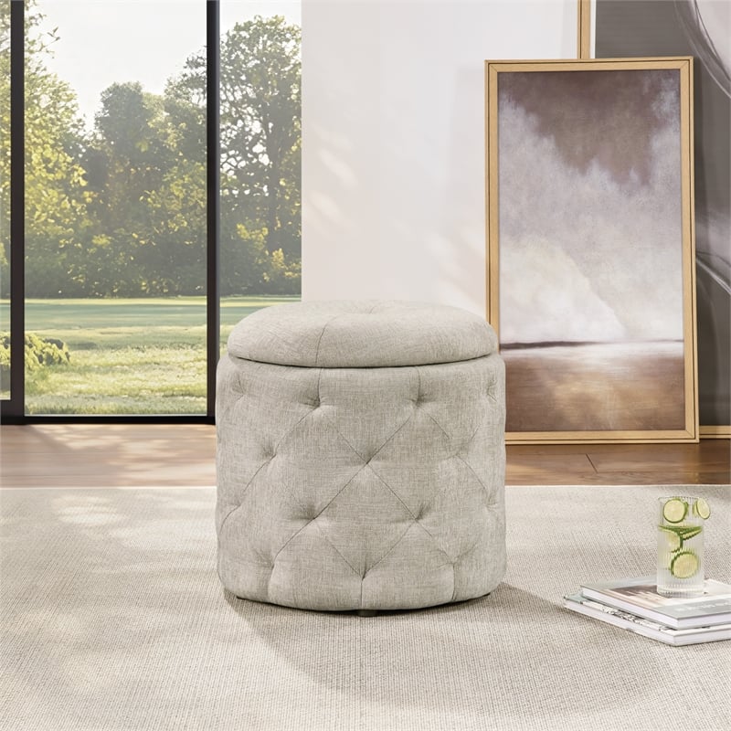 Erindale Round Storage Ottoman in Wheat Fabric