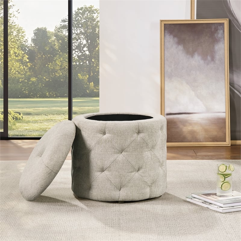 Erindale Round Storage Ottoman in Wheat Fabric