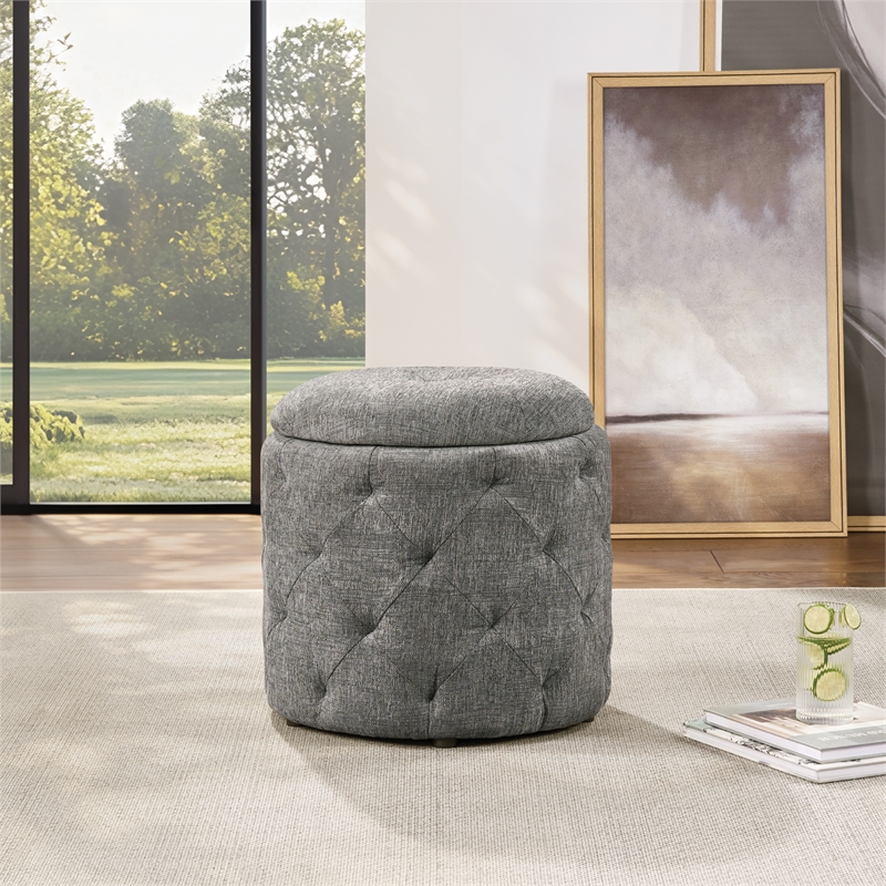 Erindale Round Storage Ottoman in Charcoal Fabric