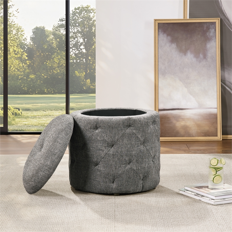 Erindale Round Storage Ottoman in Charcoal Fabric